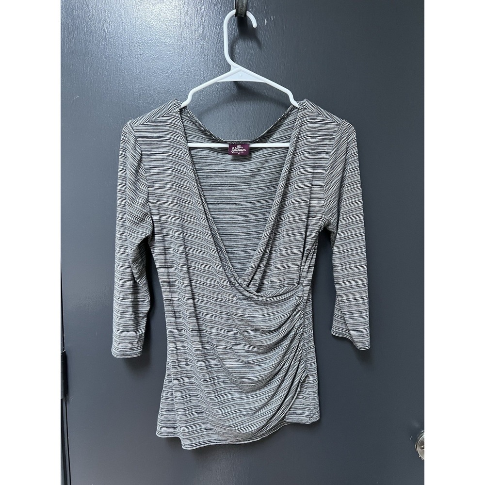 Salaam Size M Faux Wrap Striped Top V Neck Pullover Casual 3/4 Sleeve